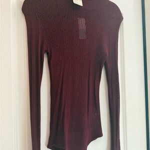 Free People Burgundy Long Sleeve Sheer Knit Bodysuit